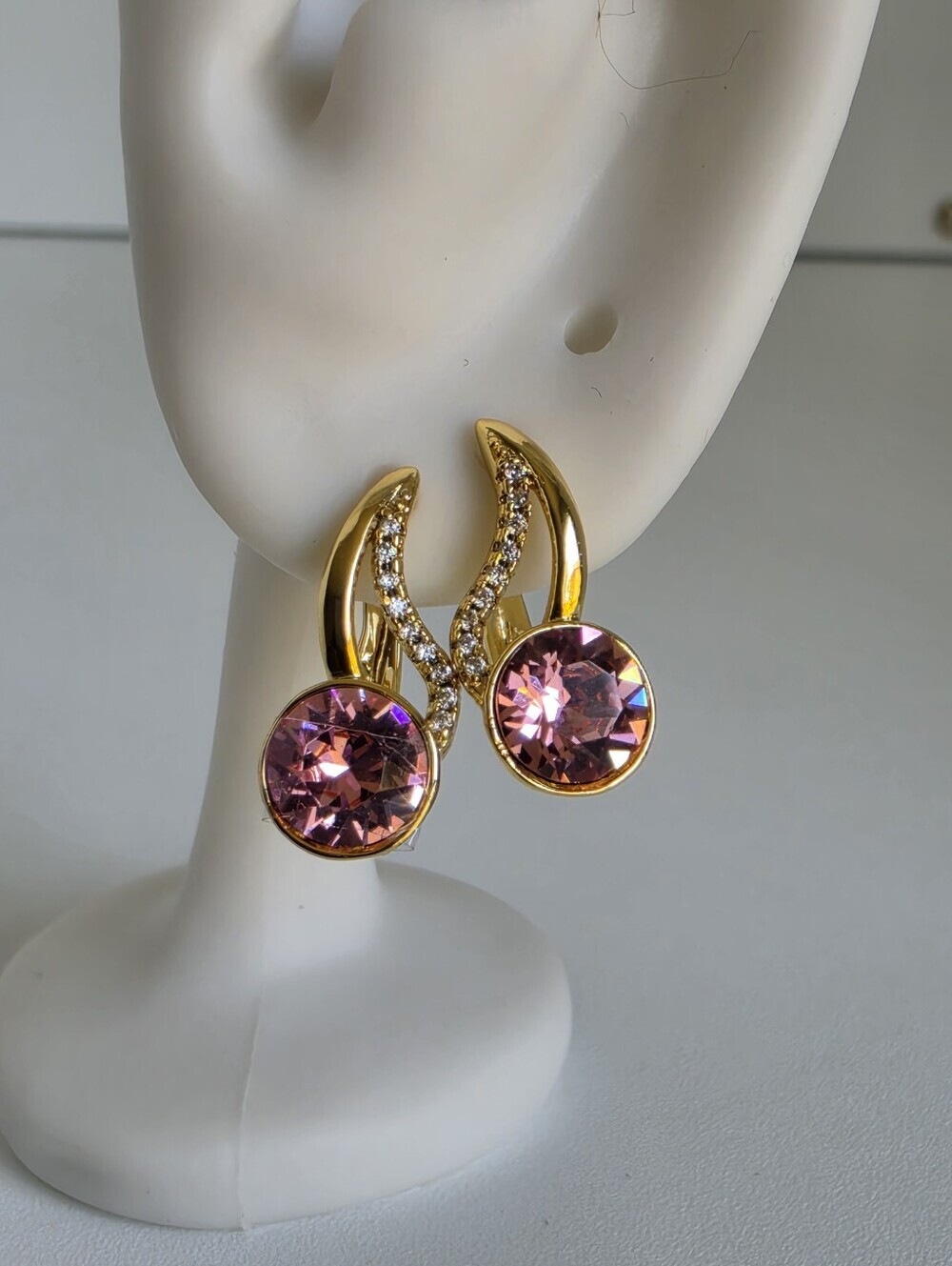 Gold Plated Pink Crystal Drop Earrings Sparkly Statement Jewelry